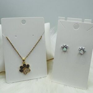 Paw Necklace with Rhinestones & Paw Earring Studs